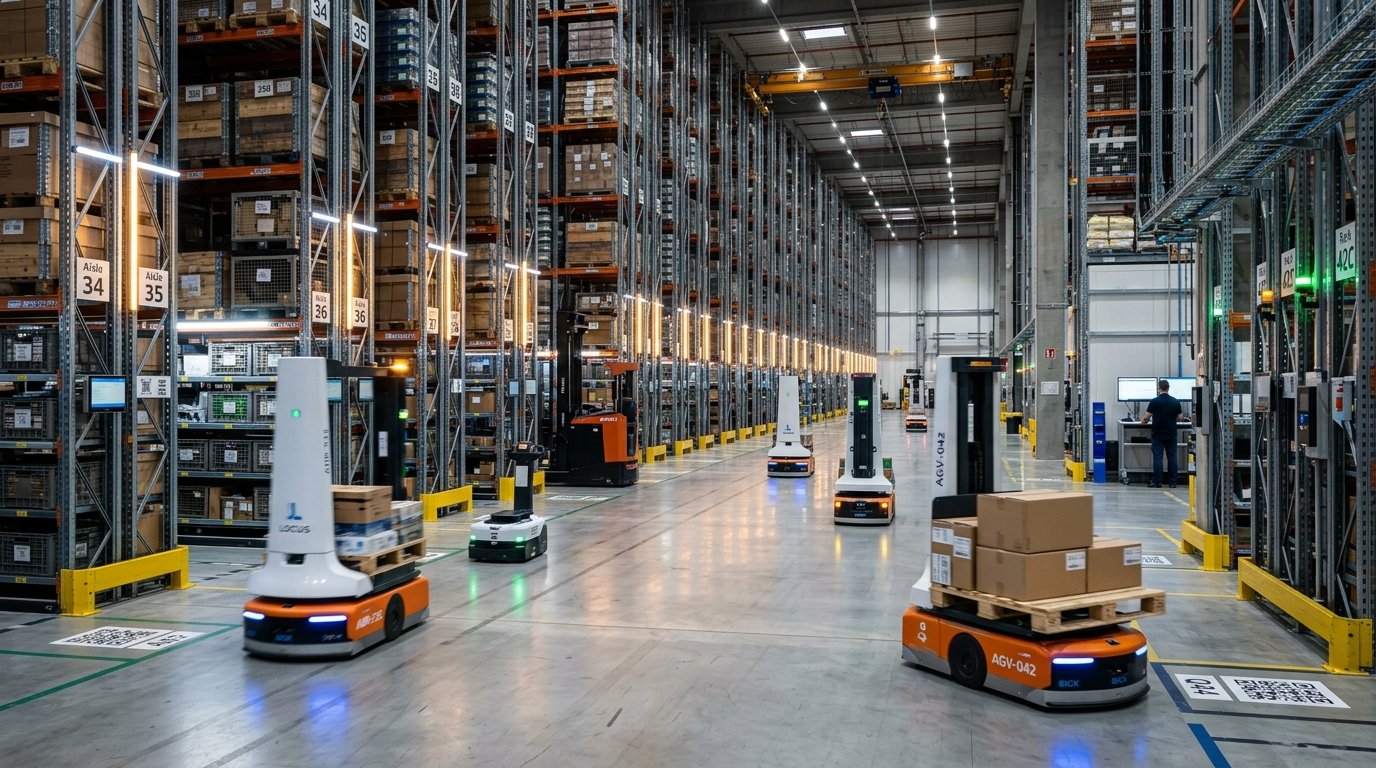 Autonomous AMR/AGV Robots in High-Bay Warehouse