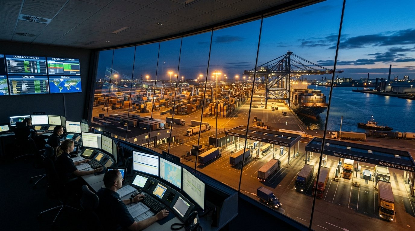 Customs clearance documentation terminal, port gates, and inspection bays