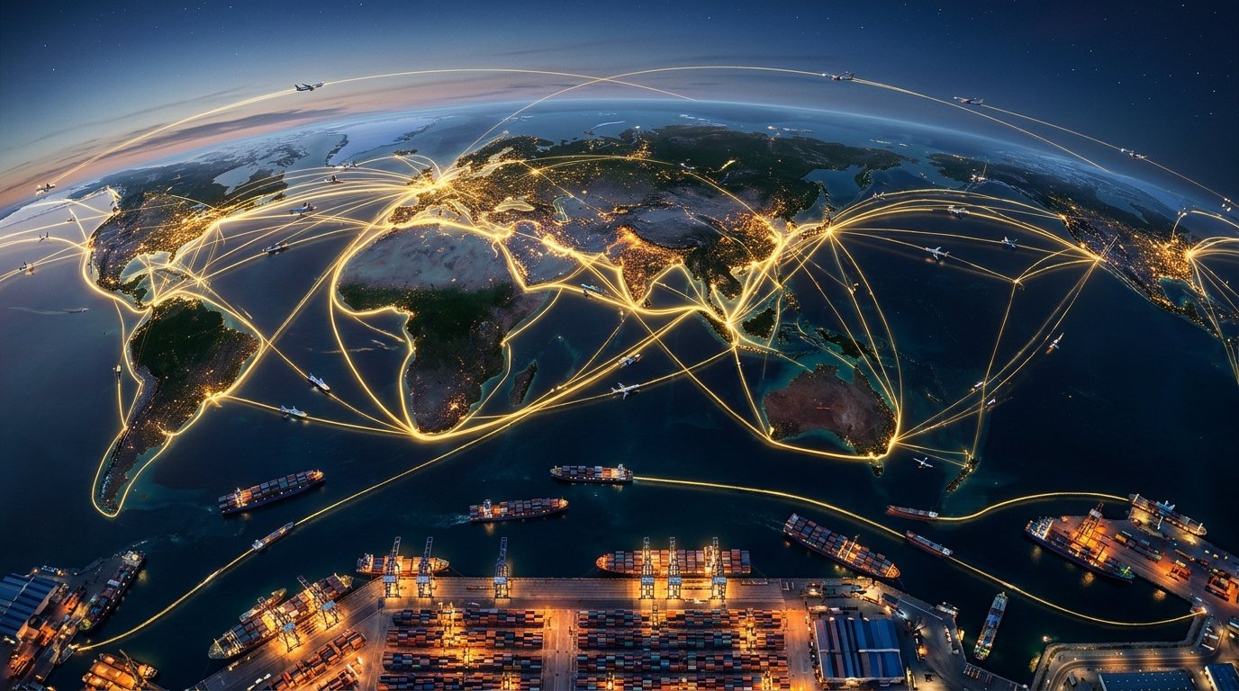 Global international freight network, shipping corridors, and flight trade lanes