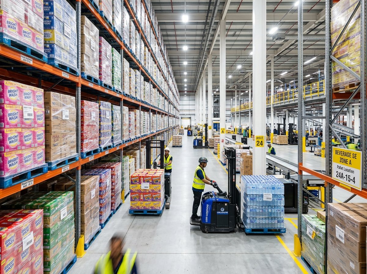 High-bay FMCG distribution warehouse with packaged consumer goods pallets