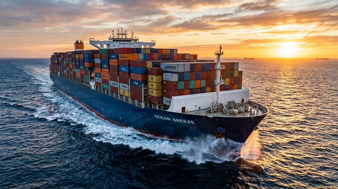 Container ship with stacked cargo at sea port